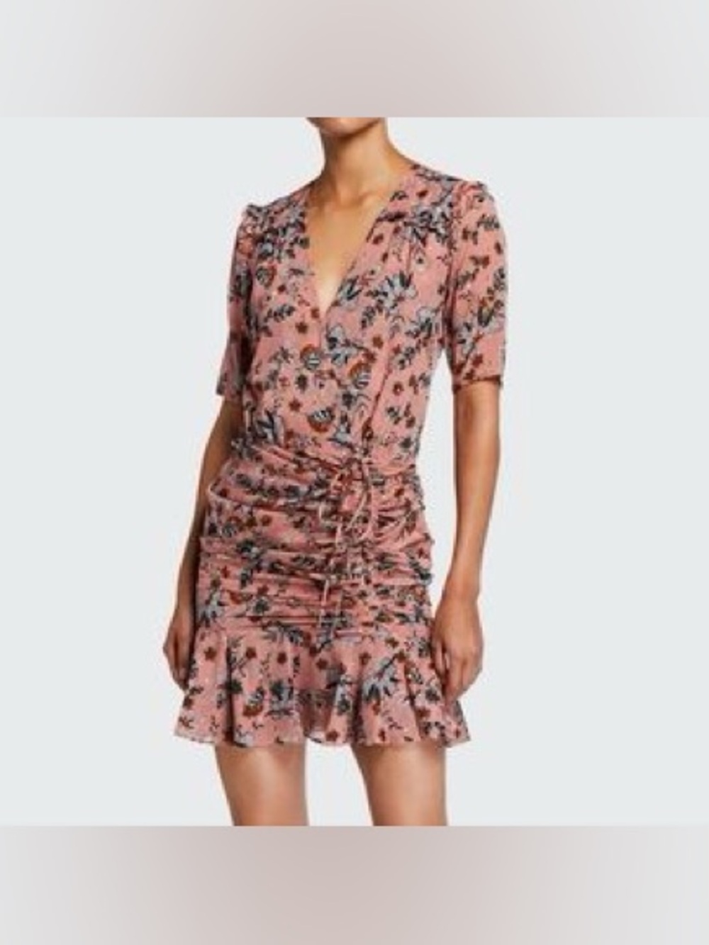 Veronica Beard Rose Pink Floral Ruched Wrap Midi Dress